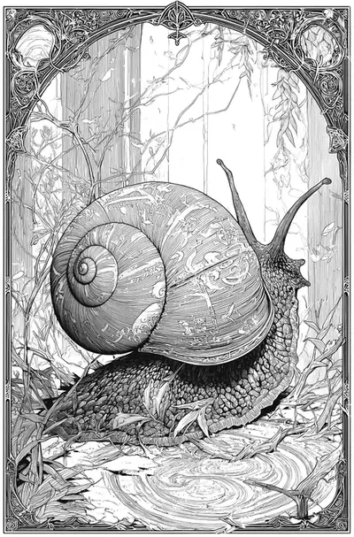Pen-and-ink style illustration of a snail with a large spiral shell beneath an arch of foliage.