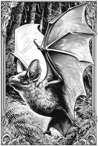 Pen-and-ink style illustration of a bat with outstretched wings hanging in a dark forest.