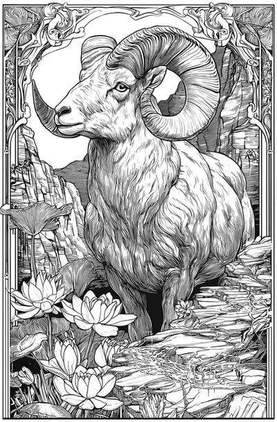 Pen-and-ink style illustration of a desert bighorn ram with curled horns among flowers inside an ornamental frame.