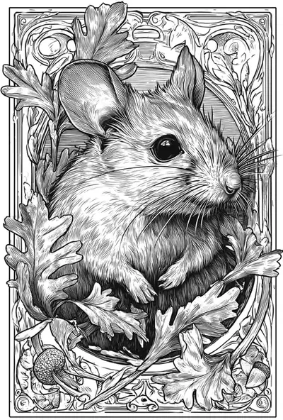 Pen-and-ink style illustration of a wide-eyed mouse among leaves inside an ornamental frame.