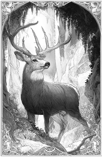 Pen-and-ink style illustration of an antlered mule deer buck standing in a forest clearing.
