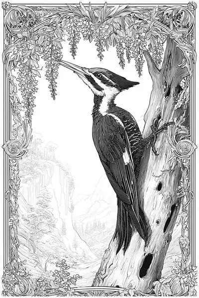 Pen-and-ink style illustration of a woodpecker clinging to a tree trunk.